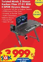 TWİSTED MİNDS Z DİZAYN KARBON FİBER ZT-01 RGB E-SPOR OYUNCU MASASI